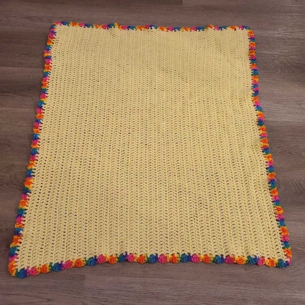 Handmade Crochet Blanket Afghan 36x31” Yellow Baby Rainbow Color Border Throw